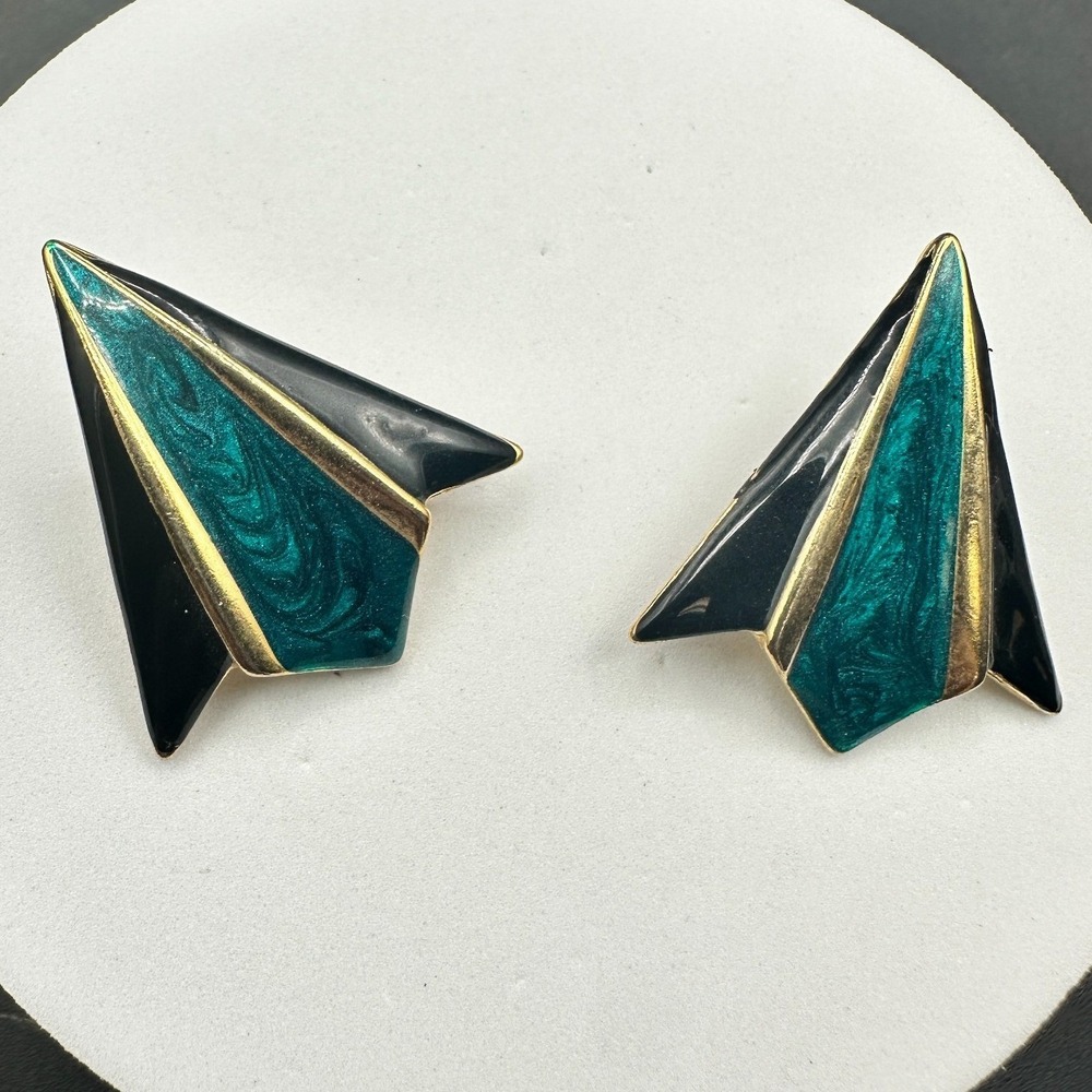 Vintage Teal & Black Geometric Enamel Earrings Gold Accents 80s Art Deco